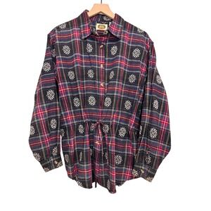 Vtg Plaid Snowflake‎ Button Down Size M Tie Winter Cabincore Holiday Flannel